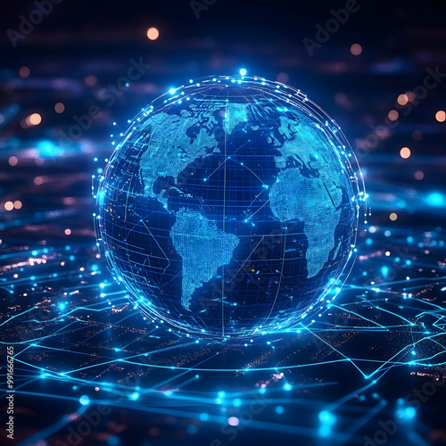 blue hologram globe with world map with glowing data streams, ai global communication networks, virtual reality simulations, geospatial data visualization, and interactive educational experience