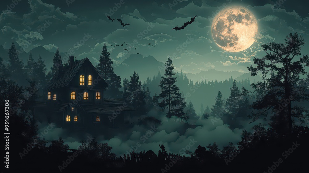 Spooky haunted house in a dark forest with a full moon and bats flying in the night sky, perfect for Halloween scenes. Spooky haunted house in a dark forest with a full moon and bats flying in the night sky, perfect for Halloween scenes.