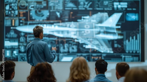At a technology conference, the focus shifts to a military jet aircraft, with large screen schematics and visualizations highlighting its advanced design and construction.