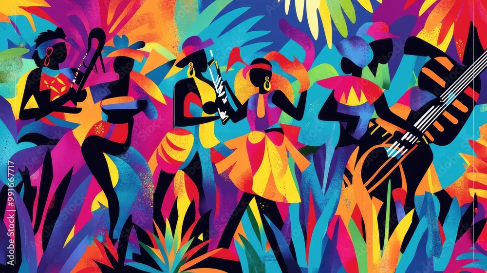 An abstract design with colorful palm leaves and geometric shapes, combined with dancers and musical instruments, creating a carnival celebration of music and rhythm An abstract design with colorful palm leaves and geometric shapes, combined with dancers and musical instruments, creating a carnival celebration of music and rhythm