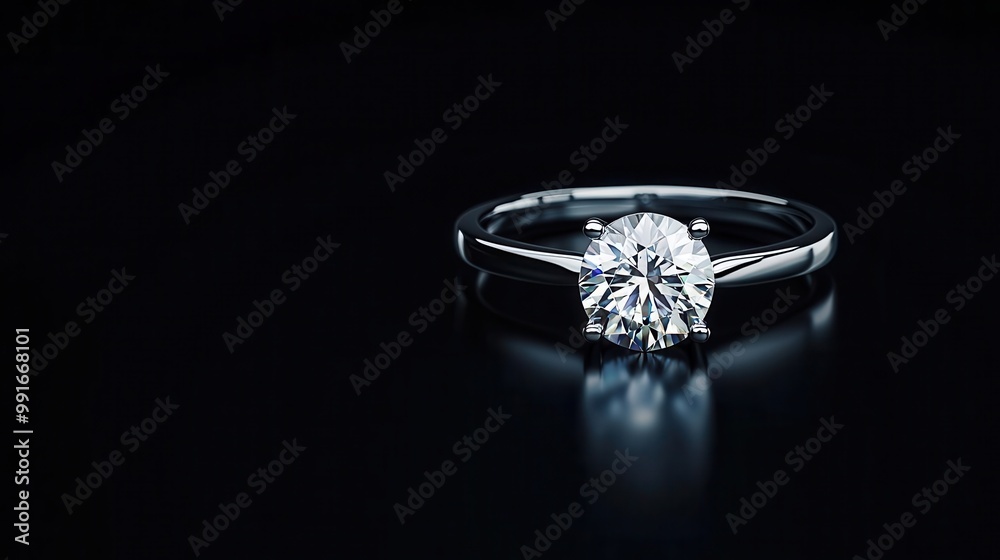 Isolated solitaire diamond ring with a thin band, sparkling against a black surface, solitaire ring, classic beauty Isolated solitaire diamond ring with a thin band, sparkling against a black surface, solitaire ring, classic beauty