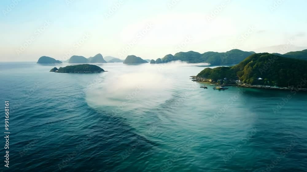 The sun rises over serene islands, casting soft light across the calm sea. Gentle waves create ripples, reflecting the beauty of nature in this peaceful coastal setting