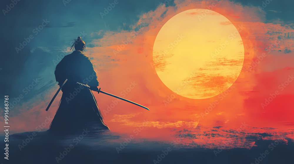A samurai in silent meditation before a duel katana at the ready. Samurai Duel. Illustration A samurai in silent meditation before a duel katana at the ready. Samurai Duel. Illustration