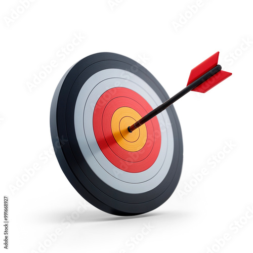 Bullseye with arrow stuck in the center as a concept of success and achievement of professional goals, with transparent background and shadow