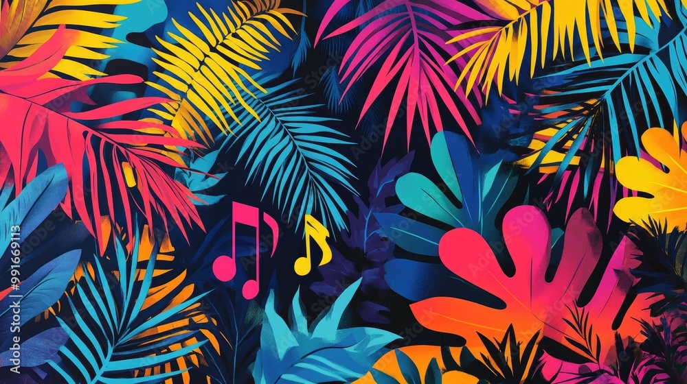Colorful palm tree leaves in abstract patterns, accompanied by dancing silhouettes and musical symbols, representing the energy and rhythm of a tropical festival Colorful palm tree leaves in abstract patterns, accompanied by dancing silhouettes and musical symbols, representing the energy and rhythm of a tropical festival