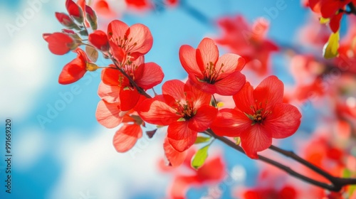 Red flowers spring sky. Generative AI