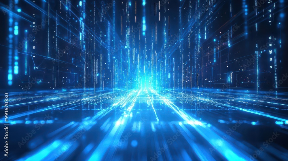 Holographic background with sleek blue beams of light flowing across a digital grid filled with futuristic tech symbols. Holographic background with sleek blue beams of light flowing across a digital grid filled with futuristic tech symbols.