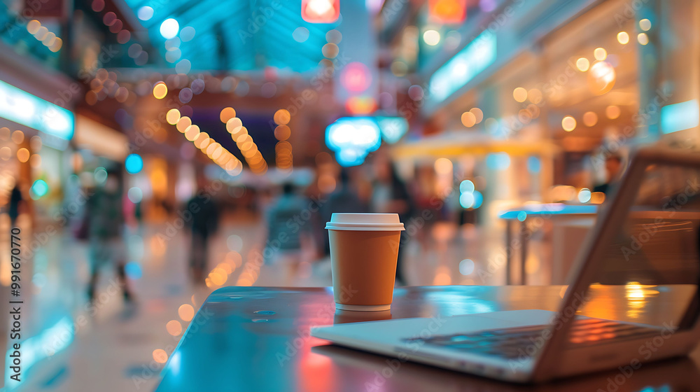 A cozy cafe scene featuring a laptop and coffee cup on a wooden table A cozy cafe scene featuring a laptop and coffee cup on a wooden table