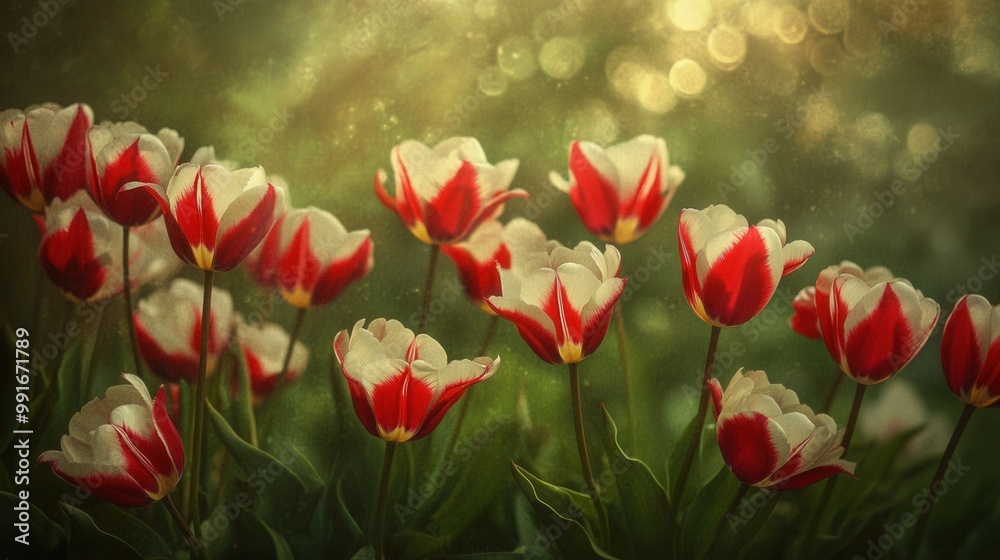 Fototapeta premium Red white tulips spring garden. Generative AI