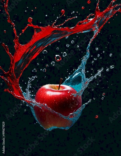 Vibrant digital illustration of a red apple with water splashes and abstract red and blue swirls on a black background, Generative AI.