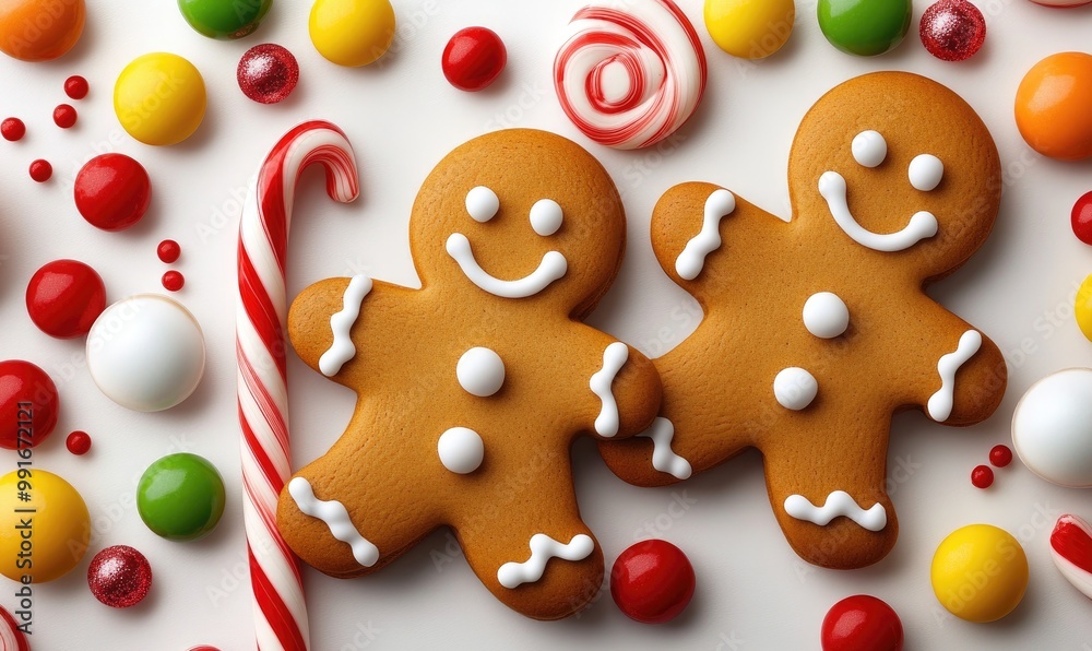Obraz premium Festive Gingerbread Men and Candy Canes on White Background