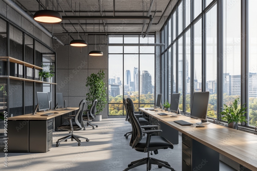 Modern open-plan office interior with desks and chairs, large windows overlooking the cityscape light gray walls, a wooden desk surface, black swivel chairs, computer screens on tables Generative AI Modern open-plan office interior with desks and chairs, large windows overlooking the cityscape light gray walls, a wooden desk surface, black swivel chairs, computer screens on tables Generative AI