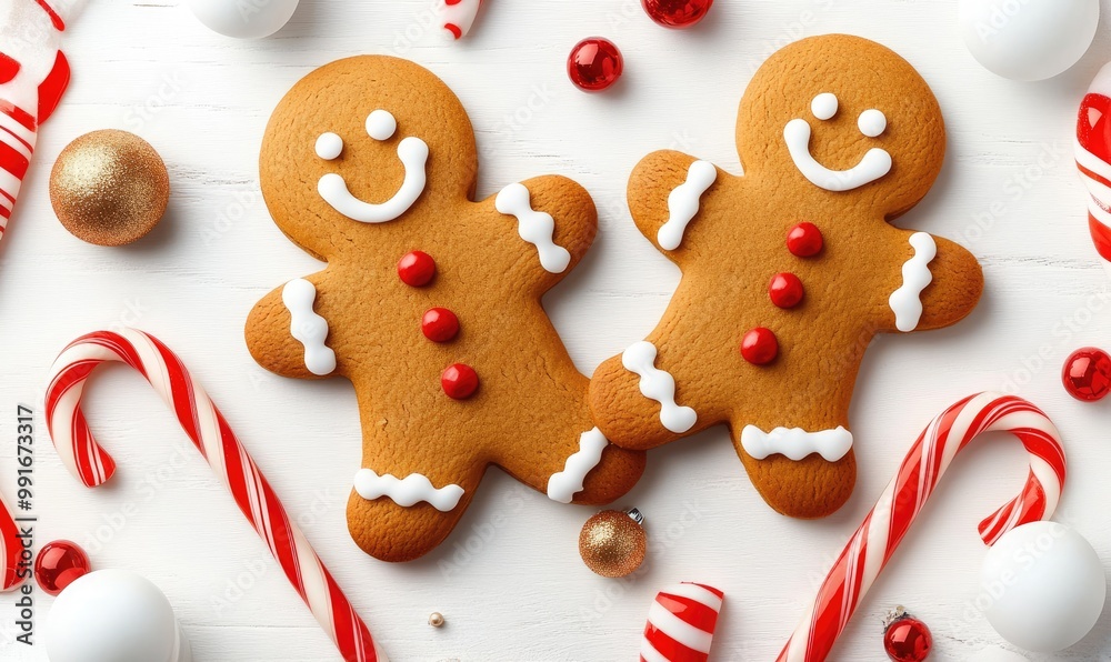 Festive Gingerbread Men and Candy Canes on White Background