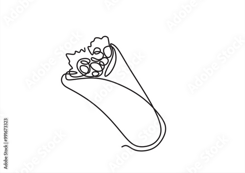 One single line drawing of Mexican burritos, Greek shaurma, shawarma or gyro. Street fast food concept. Modern continuous line draw design logo for cafe. Vector illustration