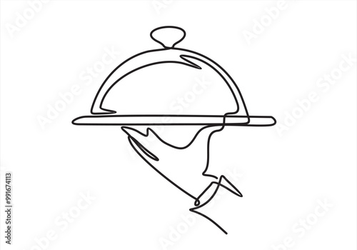 Hand drawn doodle serving food icon illustration in continuous line art style vector.Illustration with quote template. One line vector illustration. Order a banner for one line drawing.	
