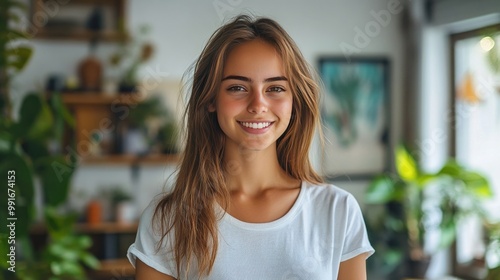 Cheerful girl standing in a home office looking at the camera