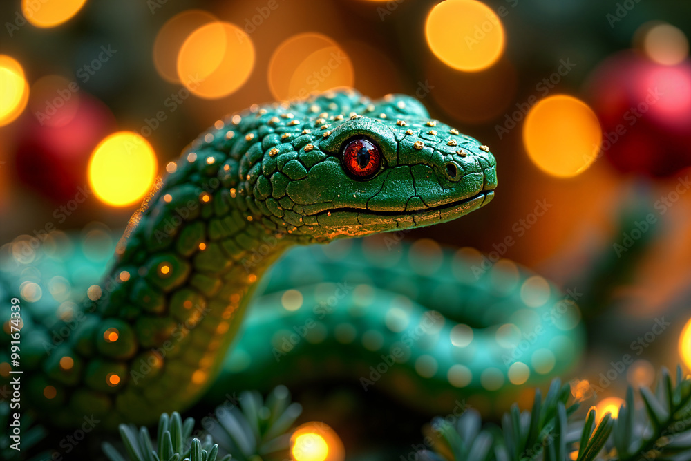 Green snake with red eyes, coiled around a Christmas tree adorned with lights and ornaments. Green snake with red eyes, coiled around a Christmas tree adorned with lights and ornaments.