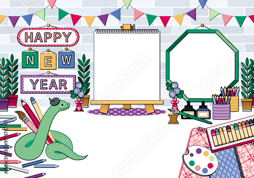 巳年イラスト年賀状デザイン「クリエーター蛇のアトリエ」HAPPY NEW YEAR
（Year of the snake illustration new year's card greeting postcard design material creator atelier）