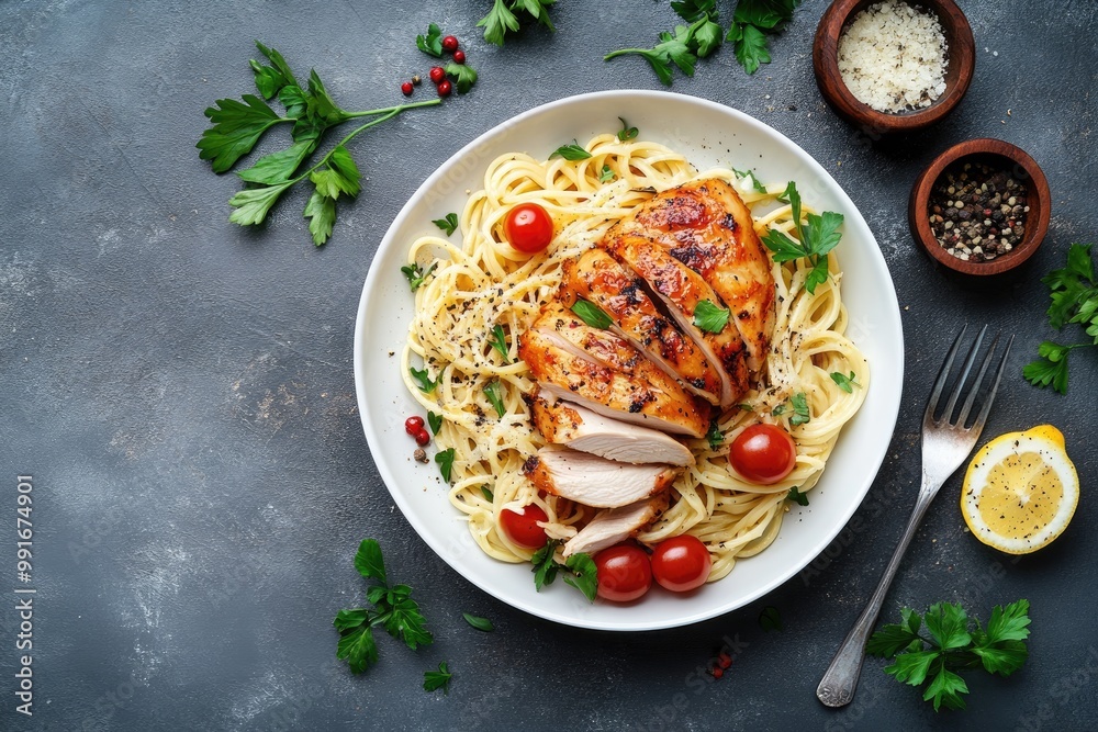 A plate of spaghetti with chicken and tomatoes. Perfect for illustrating a food blog post or recipe about healthy and delicious meals. A plate of spaghetti with chicken and tomatoes. Perfect for illustrating a food blog post or recipe about healthy and delicious meals.