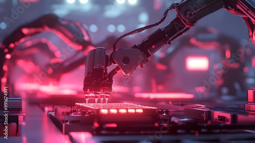 Robotic arms precisely analyzing glowing materials under an array of lasers in a high-tech factory.