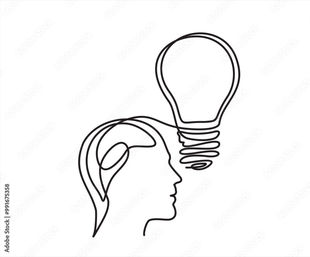 Lightbulb in head in One single Line drawing for logo, emblem, web banner, presentation. Simple lineart concept of idea and imagine. Vector illustration Lightbulb in head in One single Line drawing for logo, emblem, web banner, presentation. Simple lineart concept of idea and imagine. Vector illustration