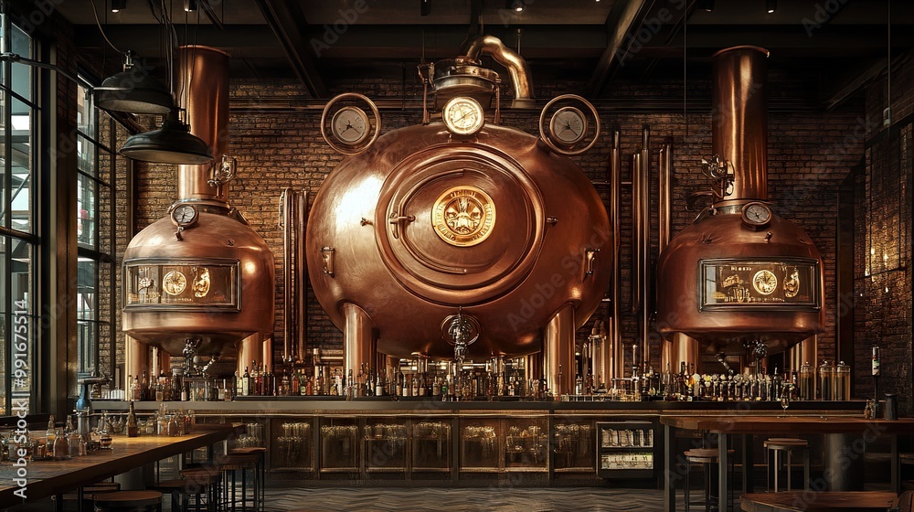 Industrial Brewery Bar Interior with Copper Tanks Industrial Brewery Bar Interior with Copper Tanks