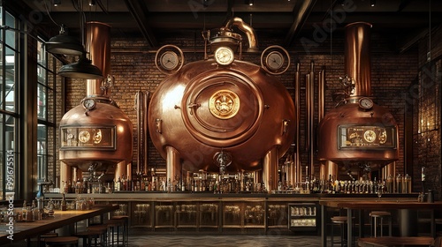 Industrial Brewery Bar Interior with Copper Tanks