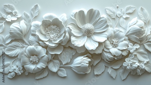 AI-generated illustration of a white bas-relief sculpture of flowers