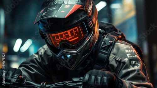 Motorcyclist in a helmet with a digital display