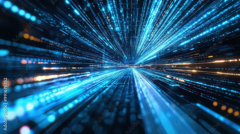 Holographic beams of blue light in motion across a tech-inspired background, representing modern digital technology advancement. Holographic beams of blue light in motion across a tech-inspired background, representing modern digital technology advancement.