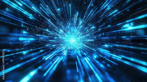 Holographic beams of blue light in motion across a tech-inspired background, representing modern digital technology advancement.