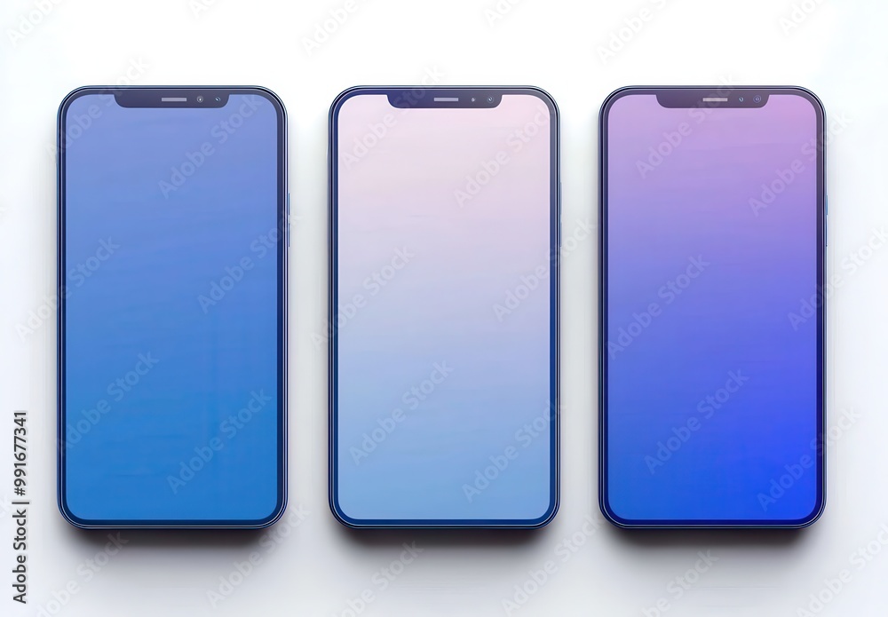 Three smartphone mockups with gradient blue and white backgrounds on a clean white surface Three smartphone mockups with gradient blue and white backgrounds on a clean white surface