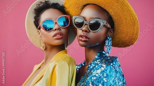 Fashion photos of models in retro clothes, big sunglasses and big hats. Boho style, 80s, bright, outrageous clothes photo