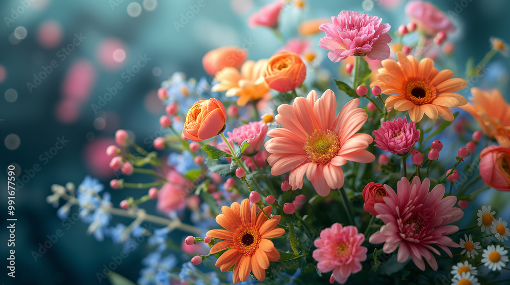 Vibrant and colorful flowers in a close-up floral arrangement, showcasing the beauty of nature and the joy of spring Vibrant and colorful flowers in a close-up floral arrangement, showcasing the beauty of nature and the joy of spring