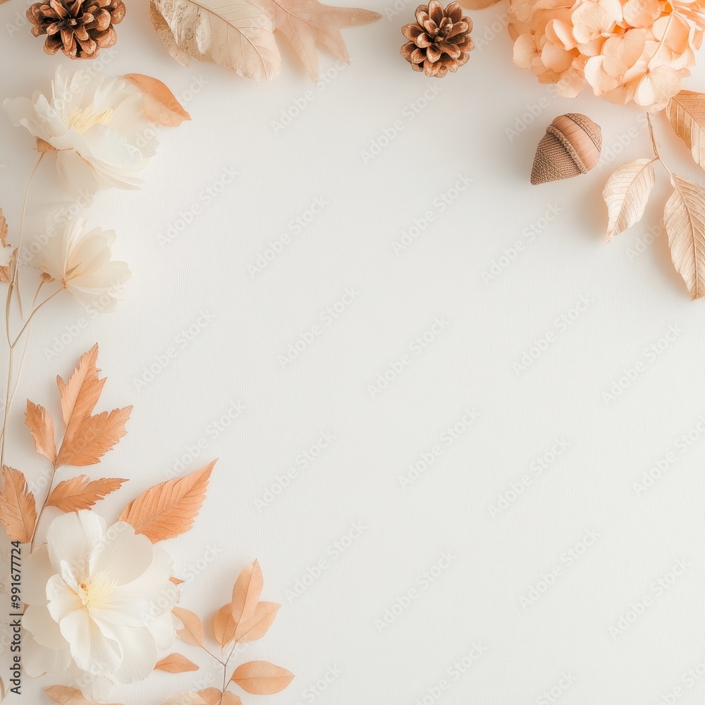 A white background with a frame of leaves and flowers A white background with a frame of leaves and flowers