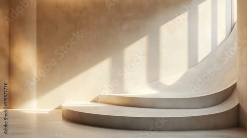 Blank cream white cement curve counter podium with soft sunlight