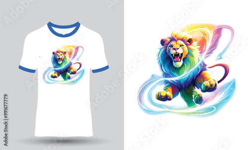 white t-shirt with colourful lion design.