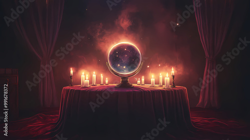 A seance table covered in a velvet cloth, with candles flickering and a crystal ball at its center, evoking a sense of mystery and spiritual exploration. Crystal Ball. Illustration