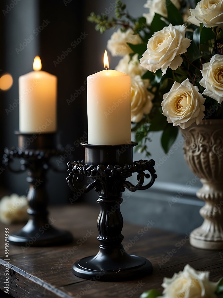 Four white candles burning on a black candelabra with floral details. Four white candles burning on a black candelabra with floral details.