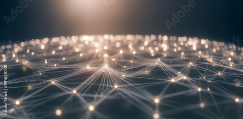 A glowing interconnected complex network of light nodes representing artificial intelligence AI - a background with depth,  neural network and connectivity theme slide or mobile IT graphic