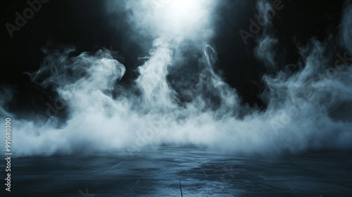 A captivating scene featuring a thick cloud of foggy smoke,, dark smoke on floor blue smoke moves on black background .