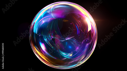 A beautiful iridescent holographic soap bubble, black background. Crystal Ball. Illustration