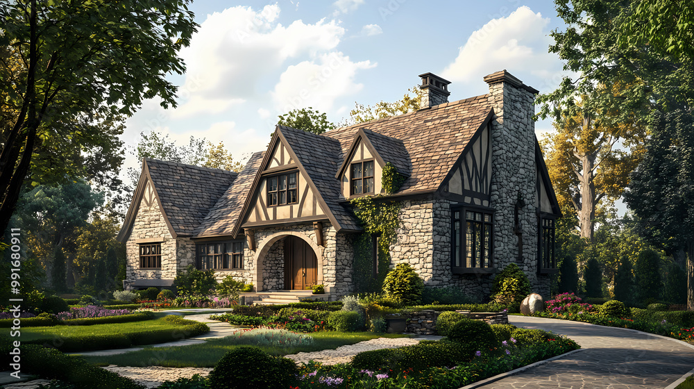 A charming stone tudor style house with a manicured garden. Tudor Architecture. Illustration A charming stone tudor style house with a manicured garden. Tudor Architecture. Illustration