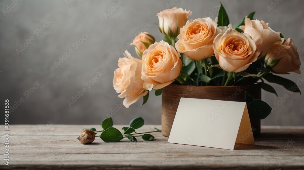 Obraz premium Greeting Card, Holidays, Envelope, Flowers, Roses, Congratulations, Happiness, Bouquet, Wooden Table, Business Card 