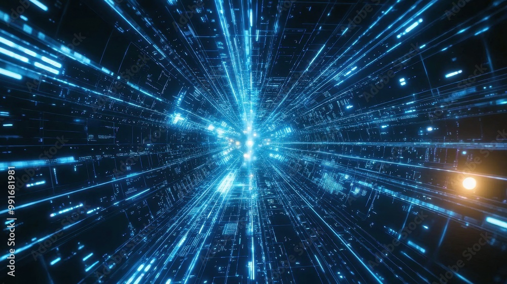 Fototapeta premium Holographic blue beams of light radiating from a central digital grid, highlighting modern technology in a futuristic design.