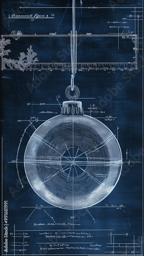 A christmas orrnament engineering diagram, blueprint,  draft drawing. Highly technical drawings,  notes surround the diagram, elf design plans. Construction plan. Blackboard. Chalk drawing, xmas photo