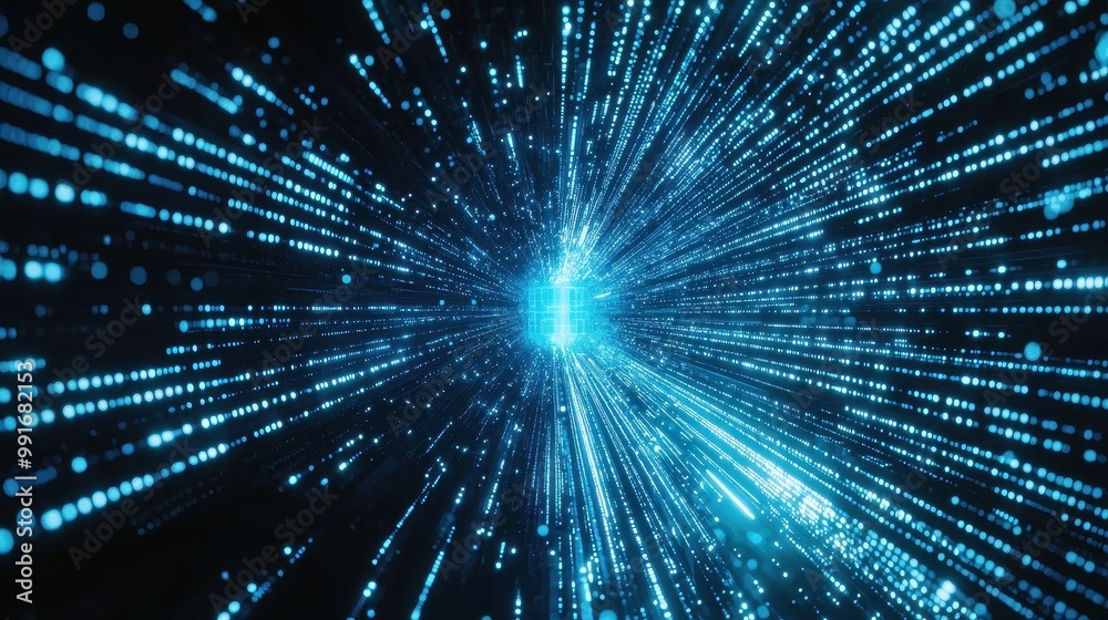 Holographic blue beams of light radiating from a central digital grid, highlighting modern technology in a futuristic design. Holographic blue beams of light radiating from a central digital grid, highlighting modern technology in a futuristic design.