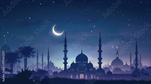 Islam. Magical oriental night on  picture.  illustration of fantastic night in oriental palace with golden stars.