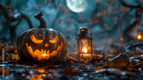 Halloween pumpkin with a carved jack-o-lantern face on a dark background, symbolizing autumn celebration and spooky fun photo