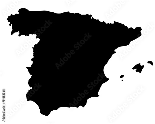Vector map of Spain, a country in Southern Europe. Detailed black silhouette, isolated on white background.
